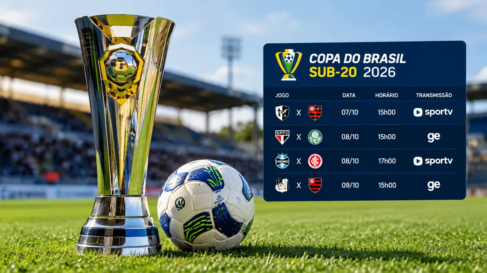 Troféu e bola de futebol em gramado de estádio ao lado de painel azul com agenda da Copa do Brasil Sub-20 2026.