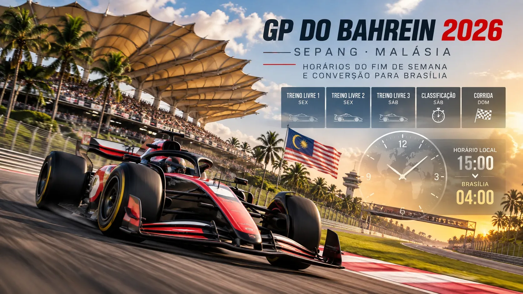 Carro de Fórmula em alta velocidade no circuito de Sepang, com arquibancadas, bandeira da Malásia e elementos gráficos de horários ao fundo.