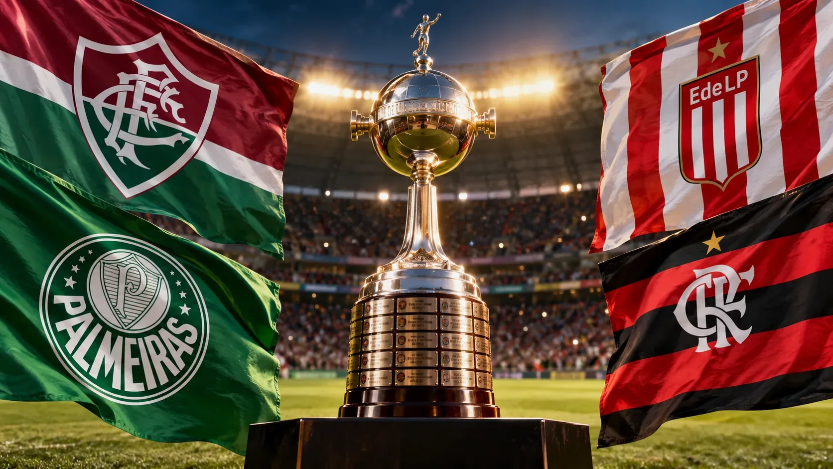 Taça da Libertadores ao centro de um estádio, cercada por bandeiras que representam Fluminense, Palmeiras, Estudiantes e Flamengo.