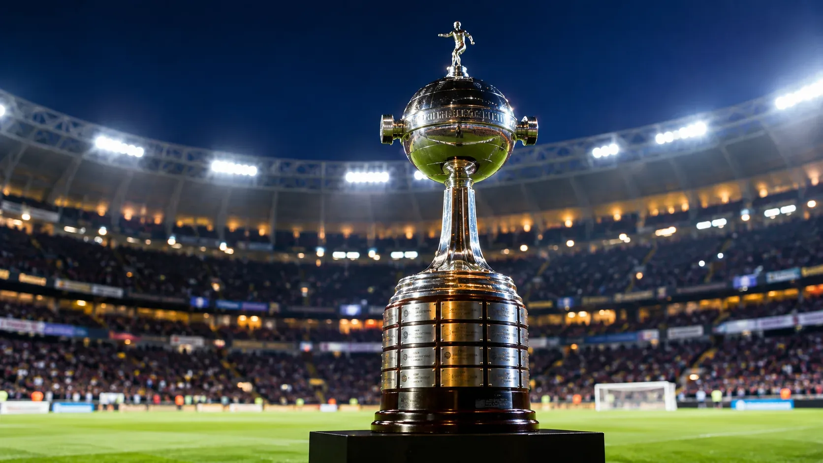 Troféu prateado da Libertadores em primeiro plano no gramado de um estádio de futebol iluminado à noite, com arquibancadas e uma trave ao fundo.