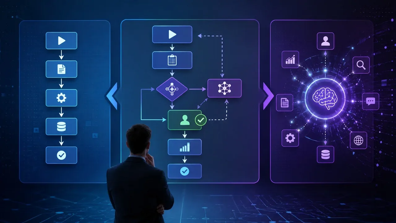 Profissional diante de três painéis digitais que representam um workflow linear, uma arquitetura híbrida com aprovação humana e um agente de IA adaptativo.