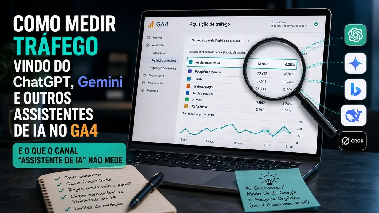 Notebook com painel ilustrativo do GA4 destacando o canal Assistentes de IA, ao lado de ícones de diferentes assistentes e uma lupa sobre os dados de aquisição.