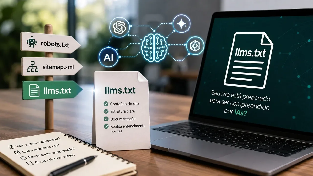 Mesa com notebook exibindo llms.txt, placas apontando para robots.txt e sitemap.xml, ícones de IA e checklist de estrutura para IAs.