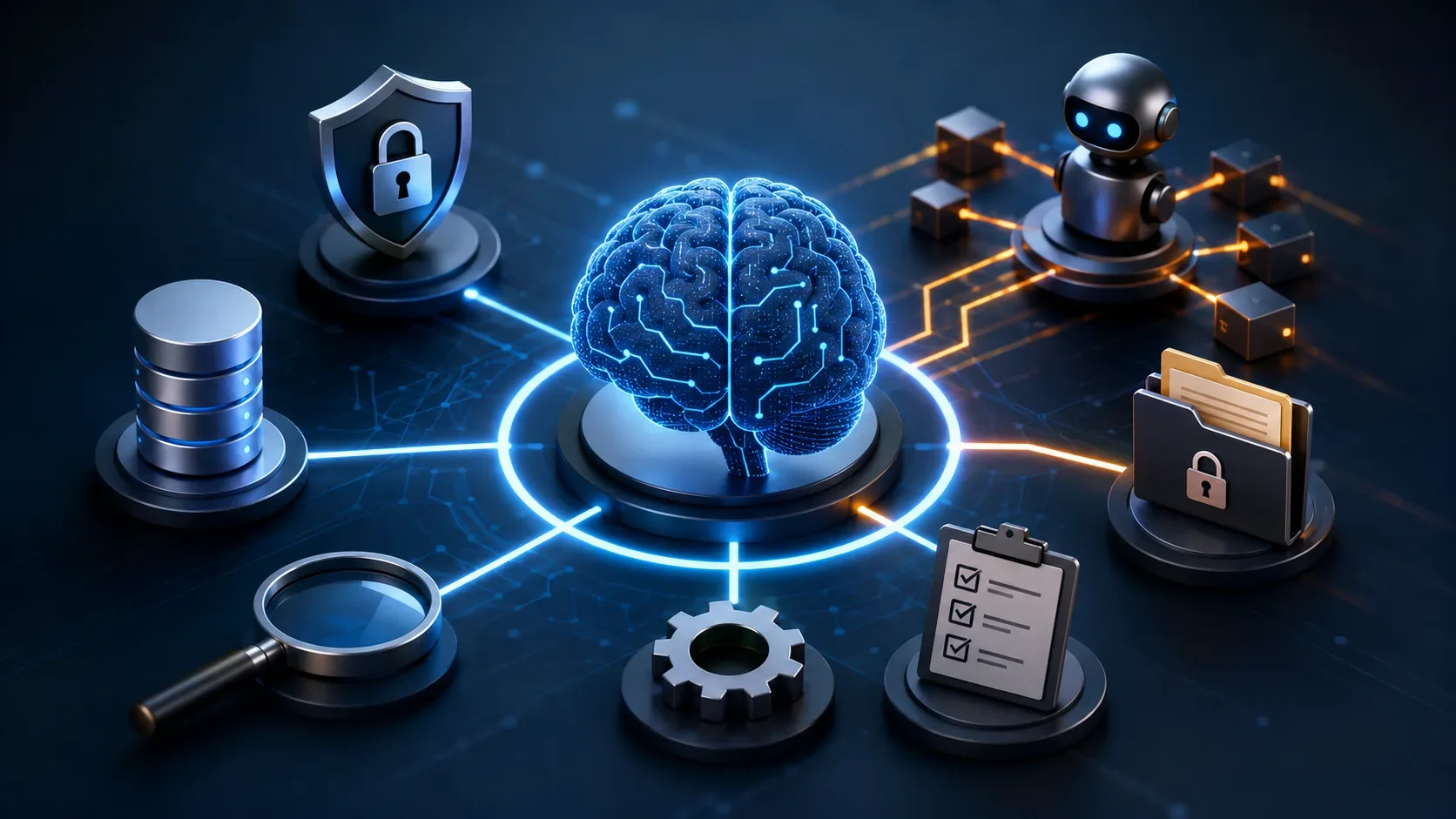 Sistema de IA conectado a dados e ferramentas, com camadas visuais de controle sobre acesso, contexto e ações.