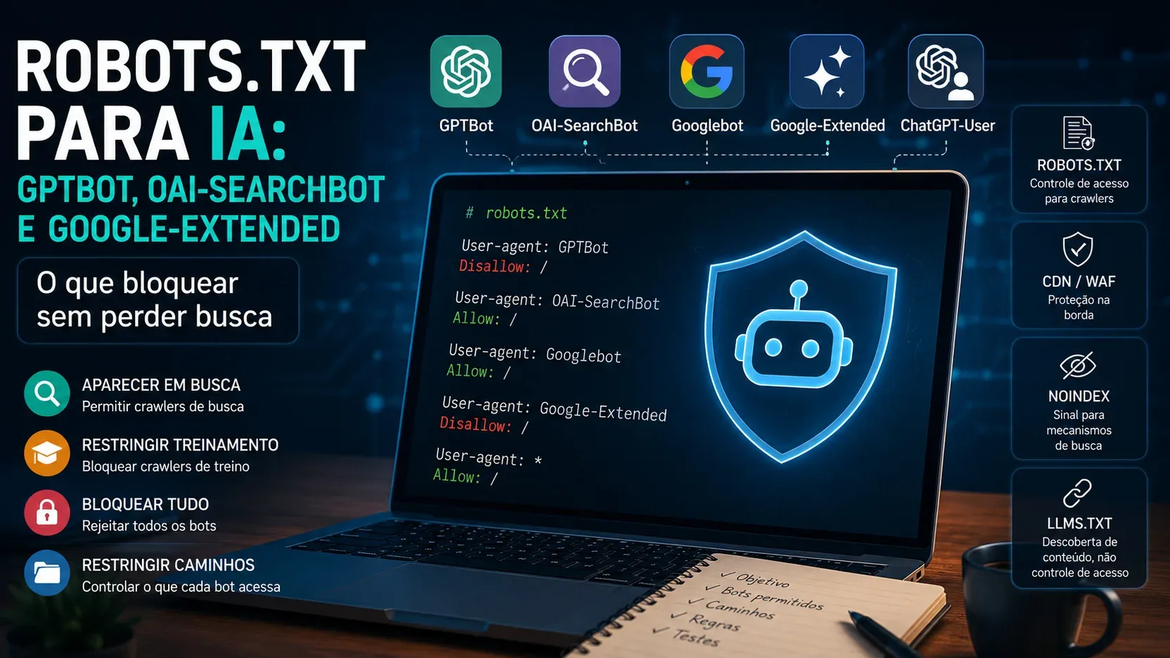 Laptop com painel sobre robots.txt para IA, ícones de GPTBot, OAI-SearchBot, Googlebot, Google-Extended e ChatGPT-User, escudo digital e opções de bloqueio.