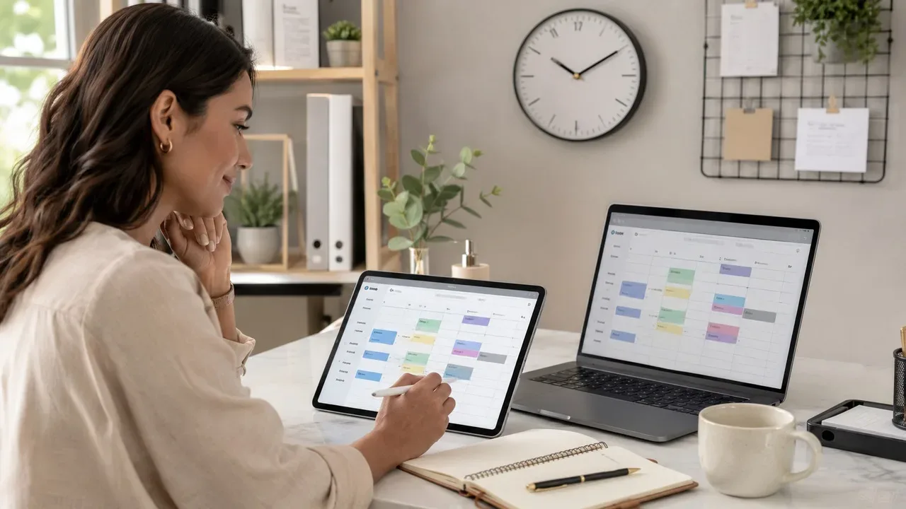 Profissional revisa uma agenda digital em tablet e notebook, com blocos de horários coloridos e relógio ao fundo.