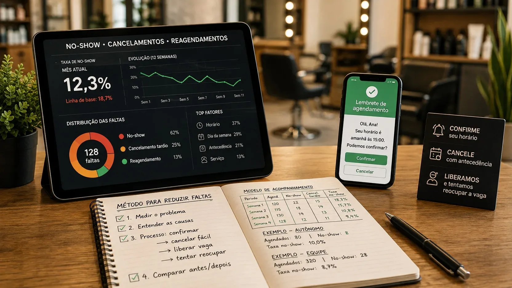 Recepção de salão de beleza com tablet exibindo taxa de no-show, celular com lembrete de agendamento e caderno com método de acompanhamento.