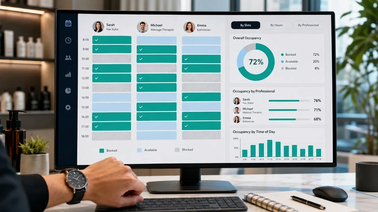 Tela de computador com agenda de três profissionais, blocos de horários disponíveis, ocupados e bloqueados, gráficos de ocupação e uma pessoa consultando o relógio.