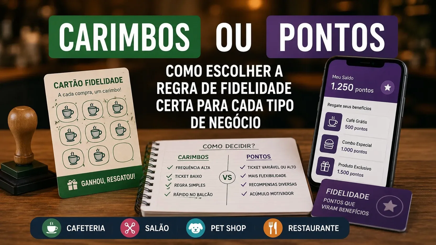 Capa comparando um cartão de fidelidade por carimbos com um celular mostrando saldo de pontos, ao lado de um caderno com critérios de decisão.
