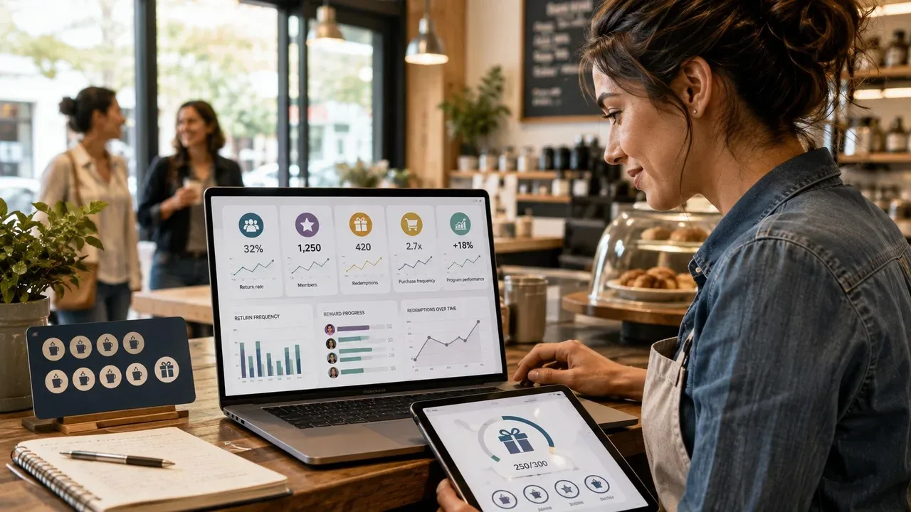 Profissional em um café analisa no notebook métricas de retorno de clientes, resgates e progresso de recompensas de um programa de fidelidade.