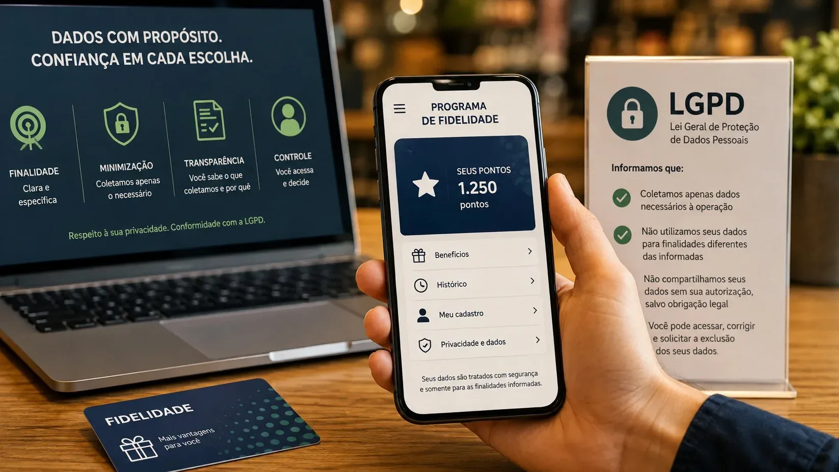 Mão segura smartphone com tela de programa de fidelidade diante de notebook e placa sobre LGPD, com cartão de fidelidade sobre a mesa