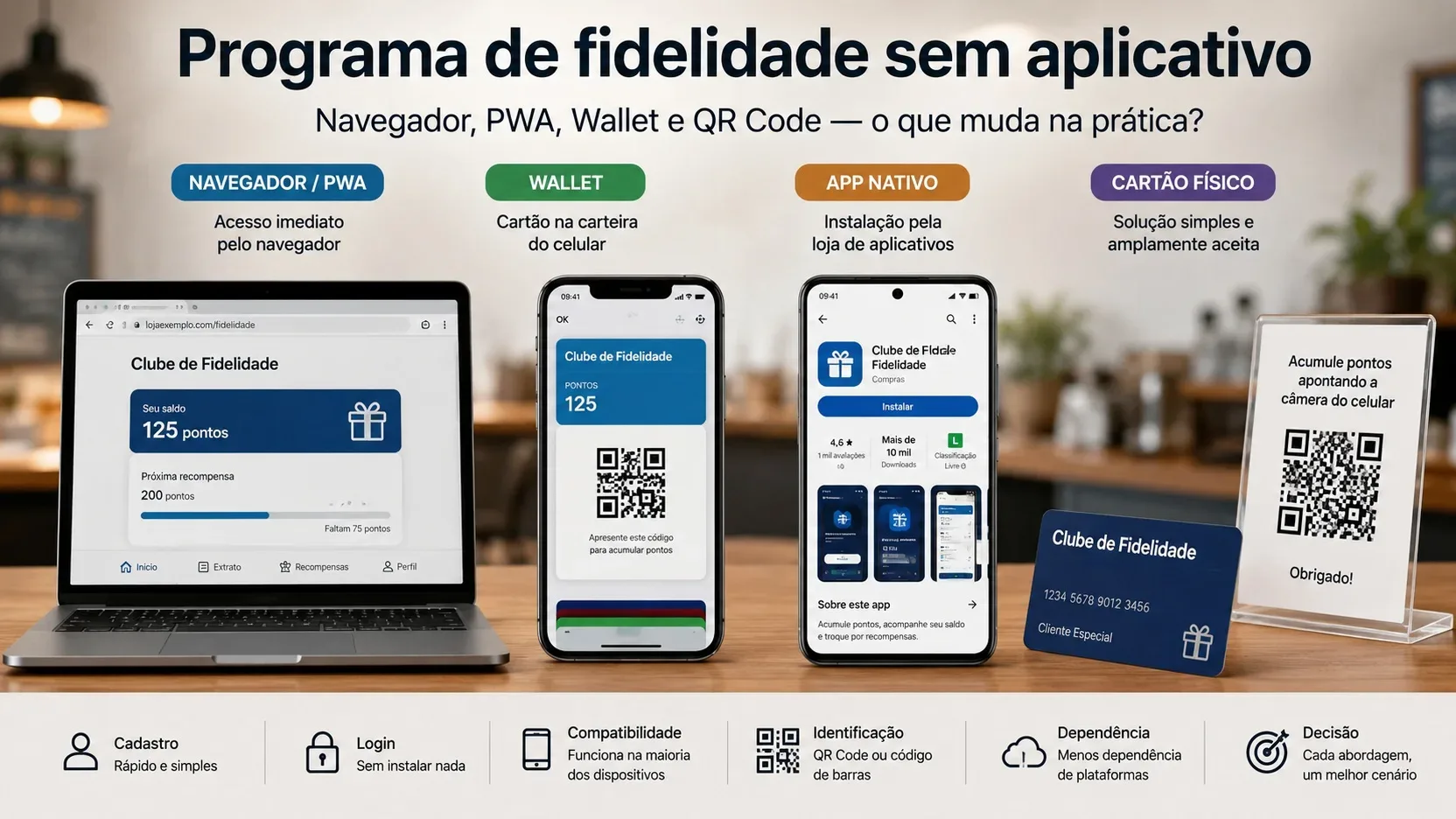 Comparação visual de programa de fidelidade com notebook no navegador, cartão em Wallet, app nativo no celular e cartão físico com QR Code sobre um balcão.