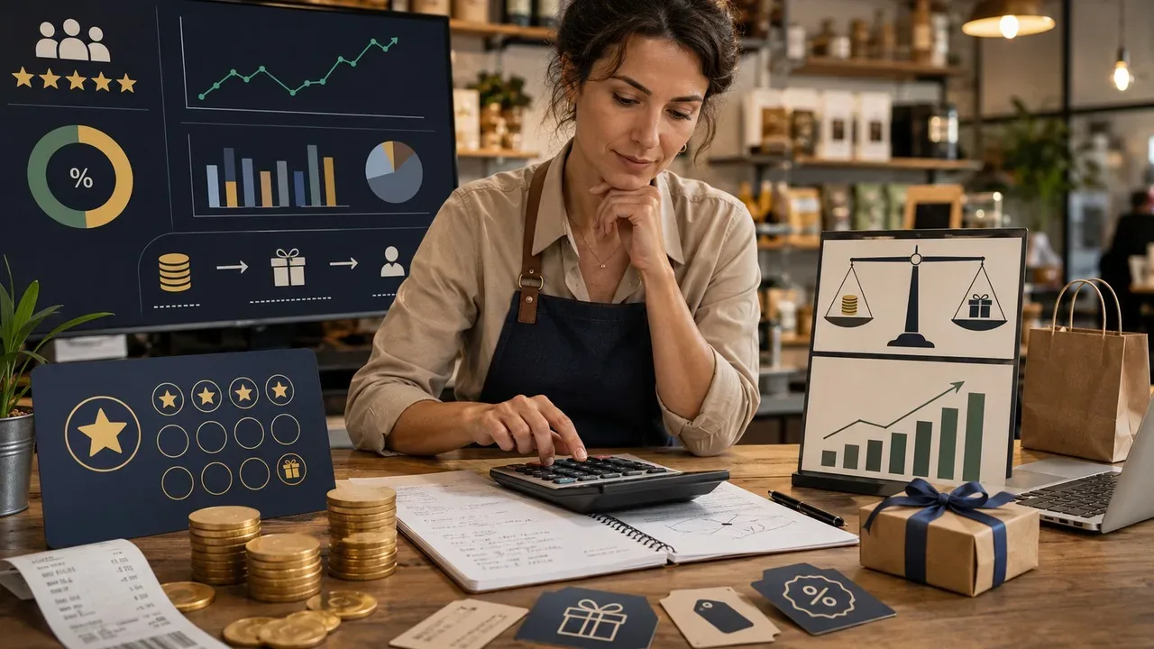 Dona de pequeno comércio usa calculadora diante de gráficos, moedas, cartão de fidelidade e presente para equilibrar custo da recompensa e margem.
