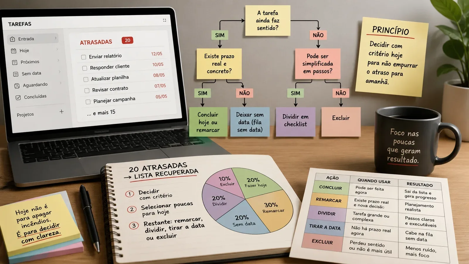 Mesa de trabalho com notebook mostrando 20 tarefas atrasadas, fluxograma de decisão em post-its e caderno com opções para concluir, remarcar, dividir, tirar a data ou excluir pendências.