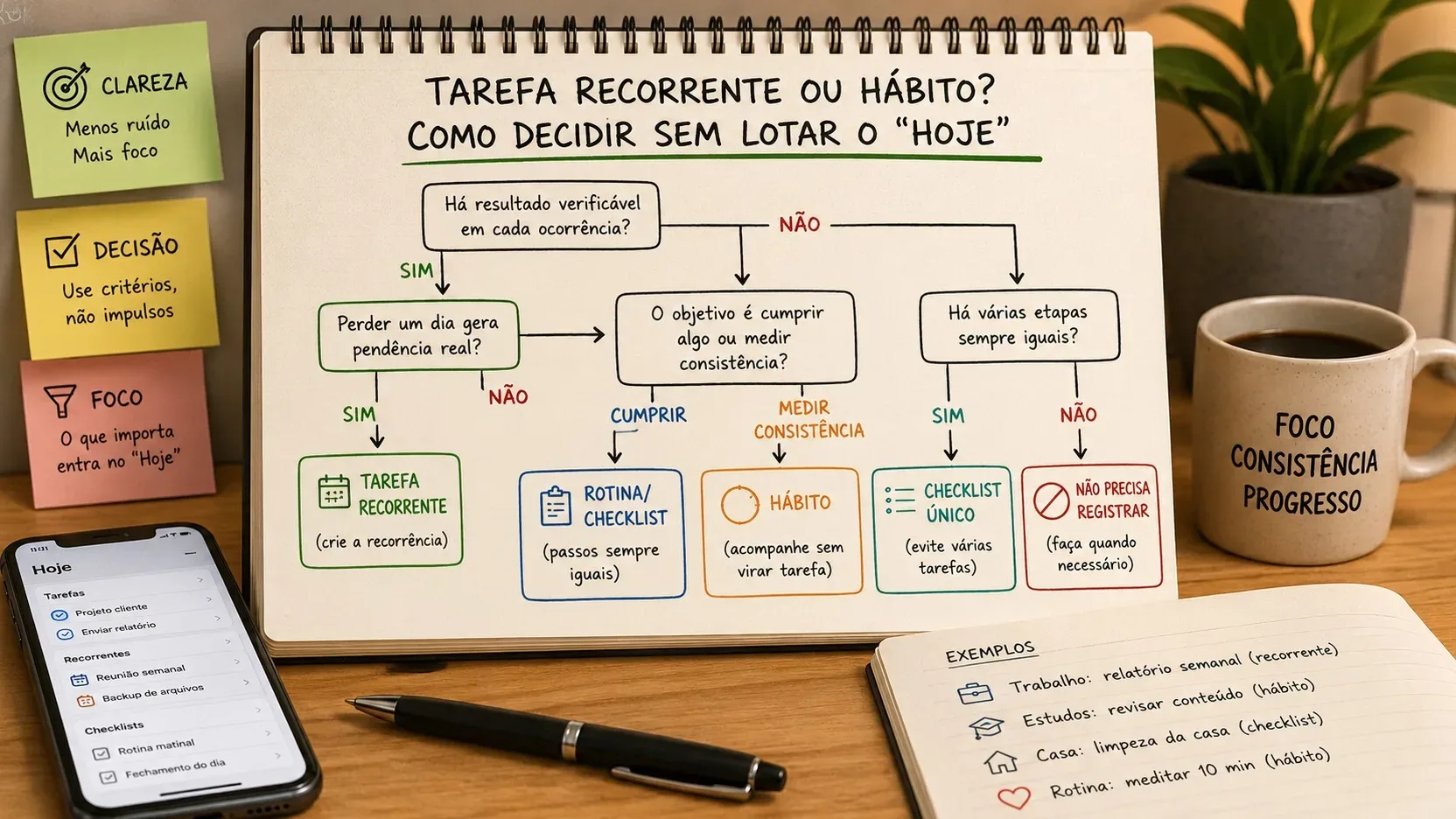Mesa de trabalho com caderno exibindo um fluxograma que compara tarefa recorrente, hábito e checklist, ao lado de celular com lista de tarefas.