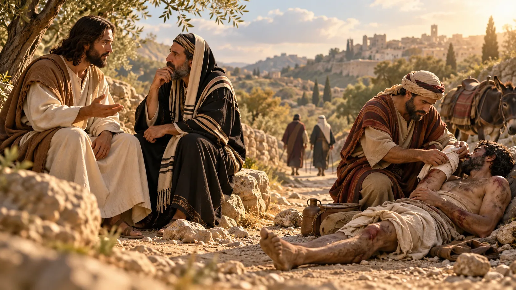 Jesus conversa com um doutor da Lei à esquerda enquanto um samaritano cuida de um homem ferido à beira de uma estrada antiga.