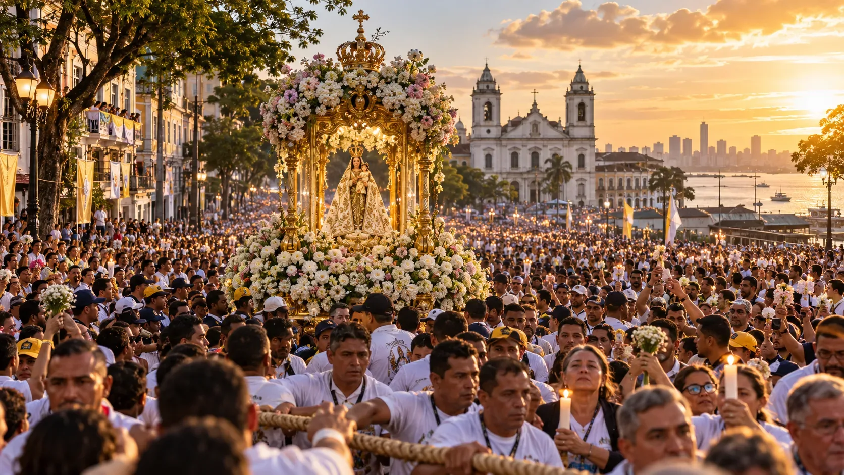 Grande procissão do Círio de Nazaré com multidão de fiéis, berlinda de Nossa Senhora cercada de flores, corda em primeiro plano e igreja ao fundo sob luz dourada.