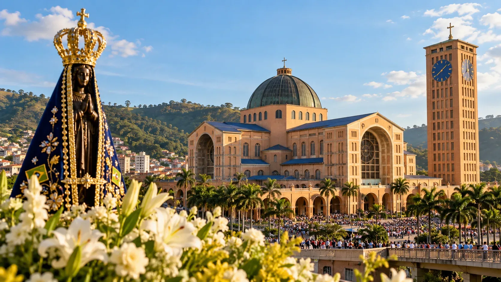 Representação de Nossa Senhora Aparecida em primeiro plano, com flores brancas, basílica e peregrinos ao fundo sob céu azul.