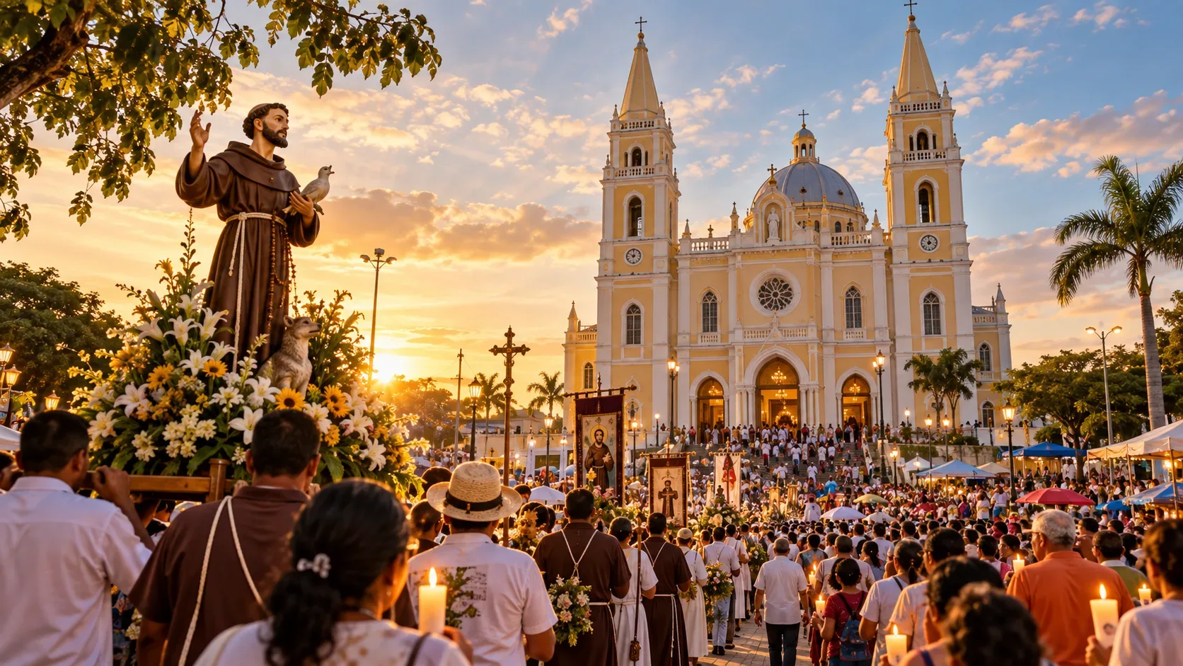Procissão de São Francisco ao entardecer diante de uma basílica, com imagem do santo, flores, fiéis e velas.