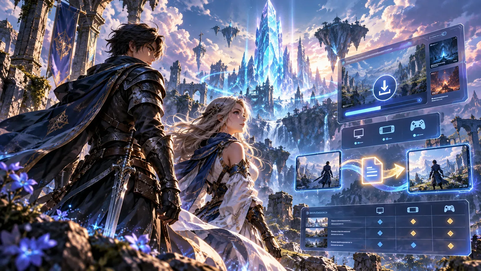 Dois personagens de fantasia diante de uma cidade cristalina, com painéis visuais de download e transferência de save ao lado.