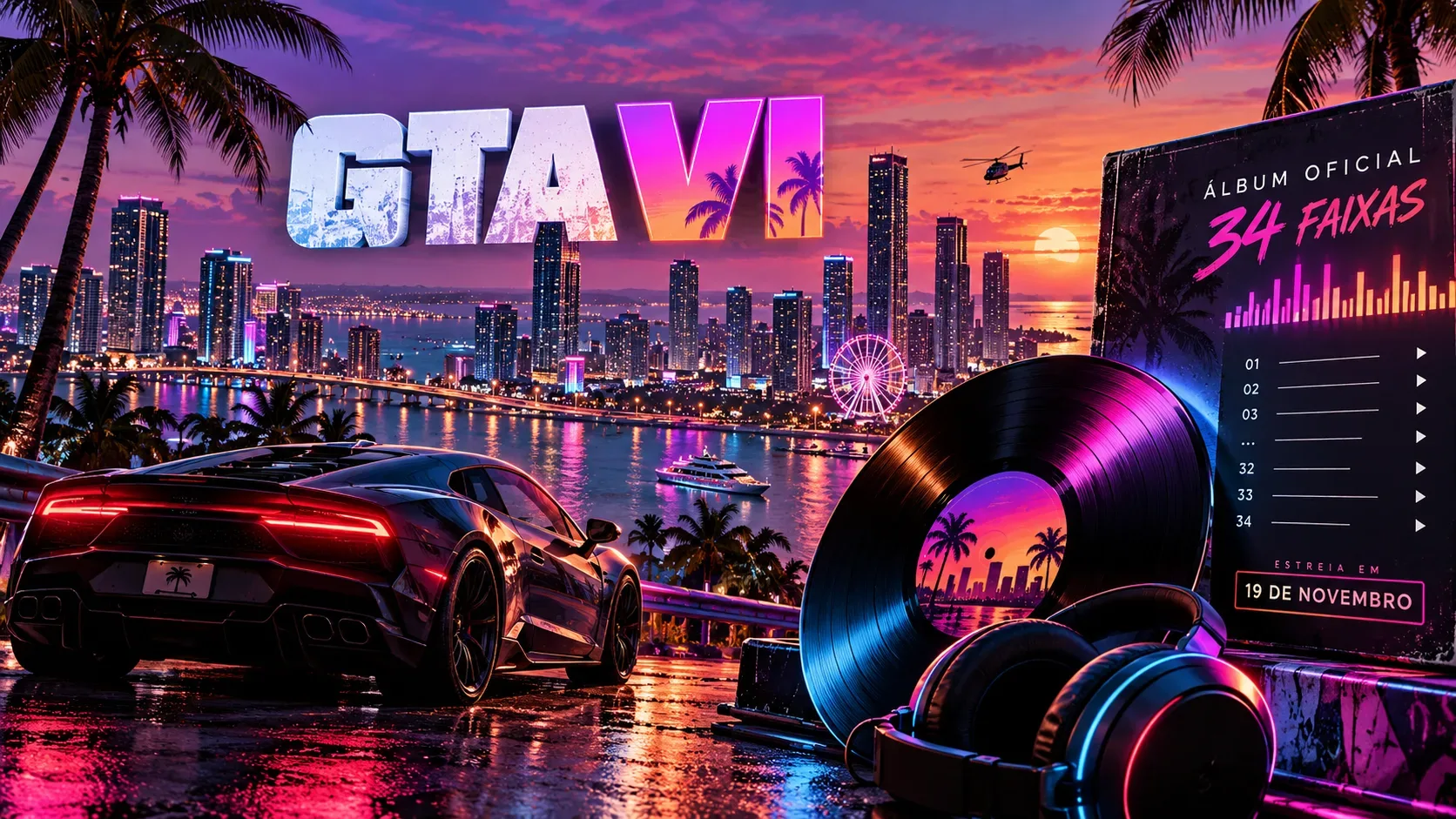 Ilustração neon de cidade costeira ao pôr do sol com carro esportivo, disco de vinil, fones e painel musical com referência a 34 faixas e 19 de novembro.