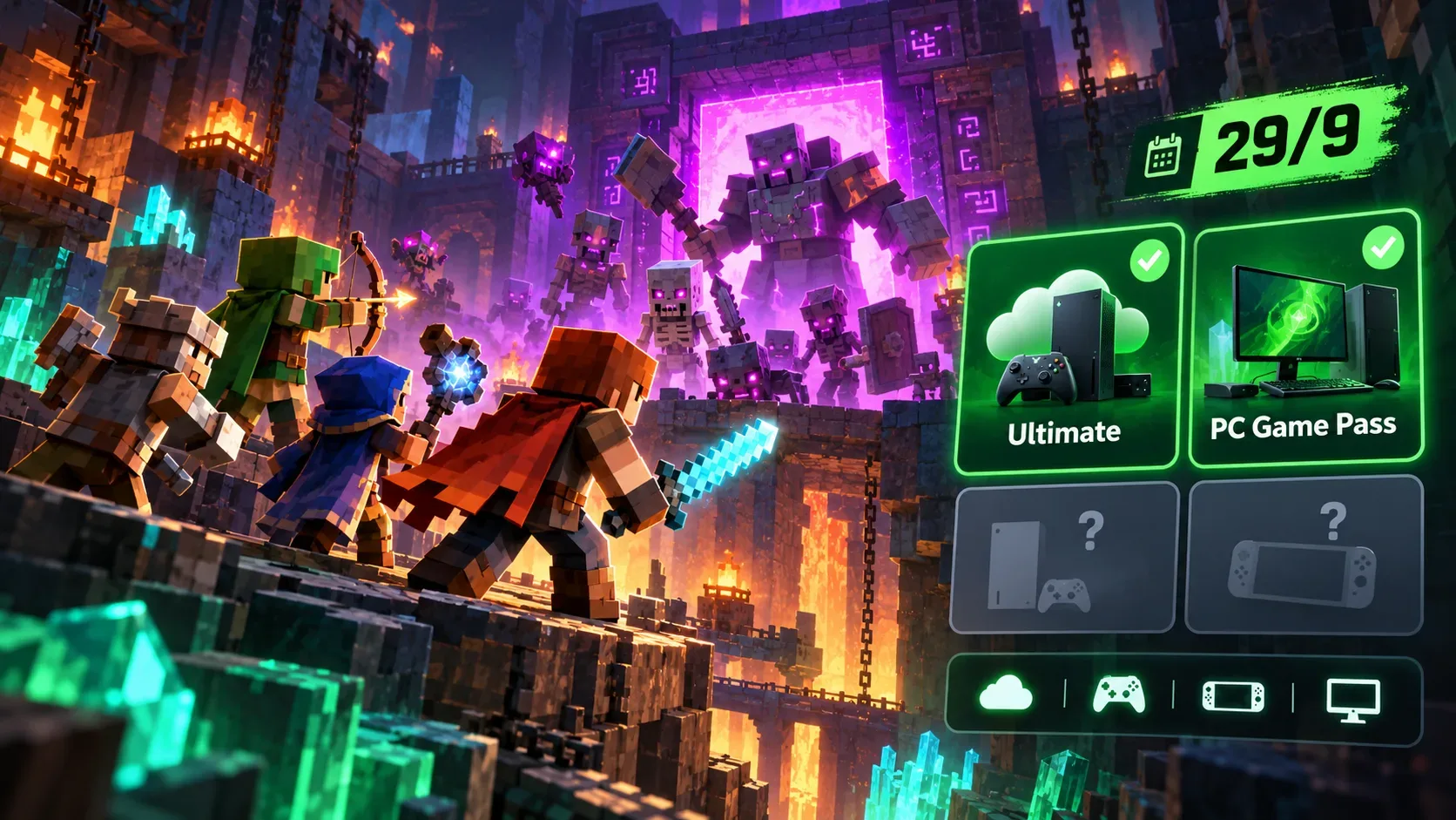 Ilustração em estilo voxel de aventureiros enfrentando monstros diante de um portal roxo, com cartões Ultimate e PC Game Pass destacados e a data 29/9.