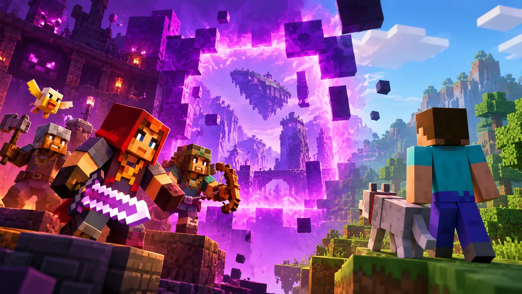Cena em estilo Minecraft com aventureiros diante de um grande portal roxo, enquanto Steve e um lobo observam do lado de um bioma verde.