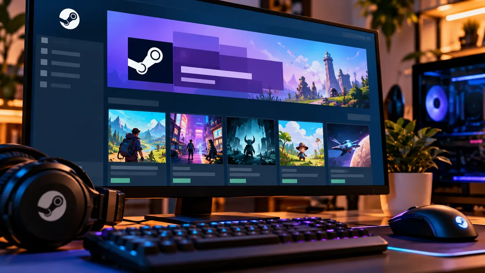 Monitor exibindo uma interface do Steam com vários cards de jogos em um setup gamer iluminado, com teclado, mouse e headset.