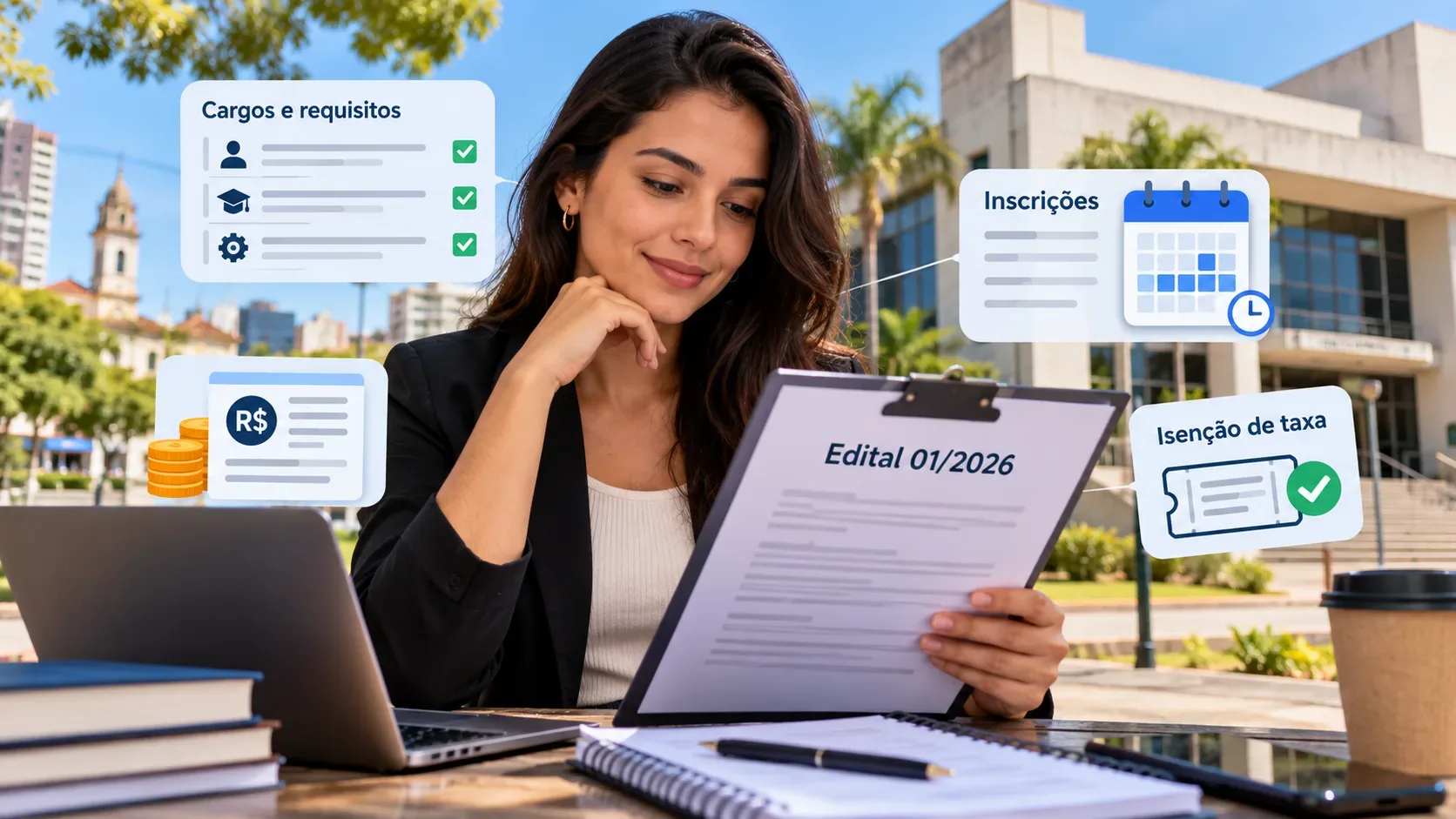 Candidata analisando o Edital 01/2026 em frente a um prédio público, com elementos visuais sobre cargos, inscrições, salários e isenção de taxa.
