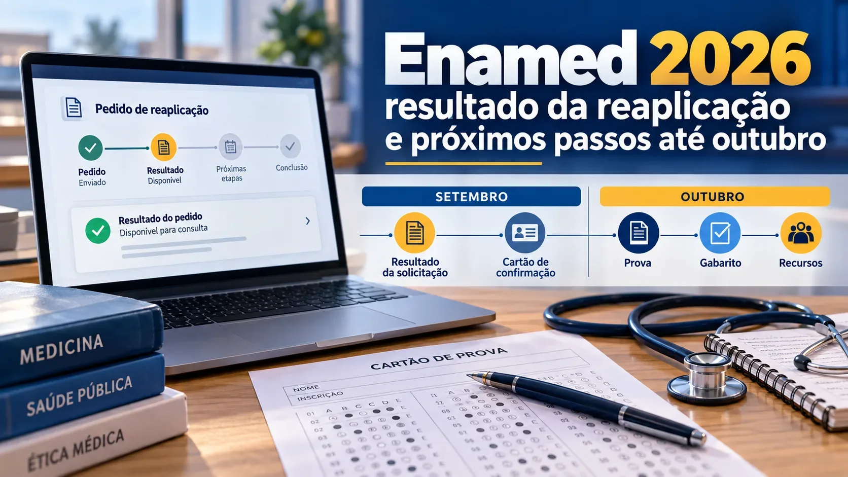 Mesa de estudos com notebook exibindo status de pedido de reaplicação do Enamed 2026, linha do tempo de setembro e outubro, cartão de prova, livros de medicina, caneta e estetoscópio.