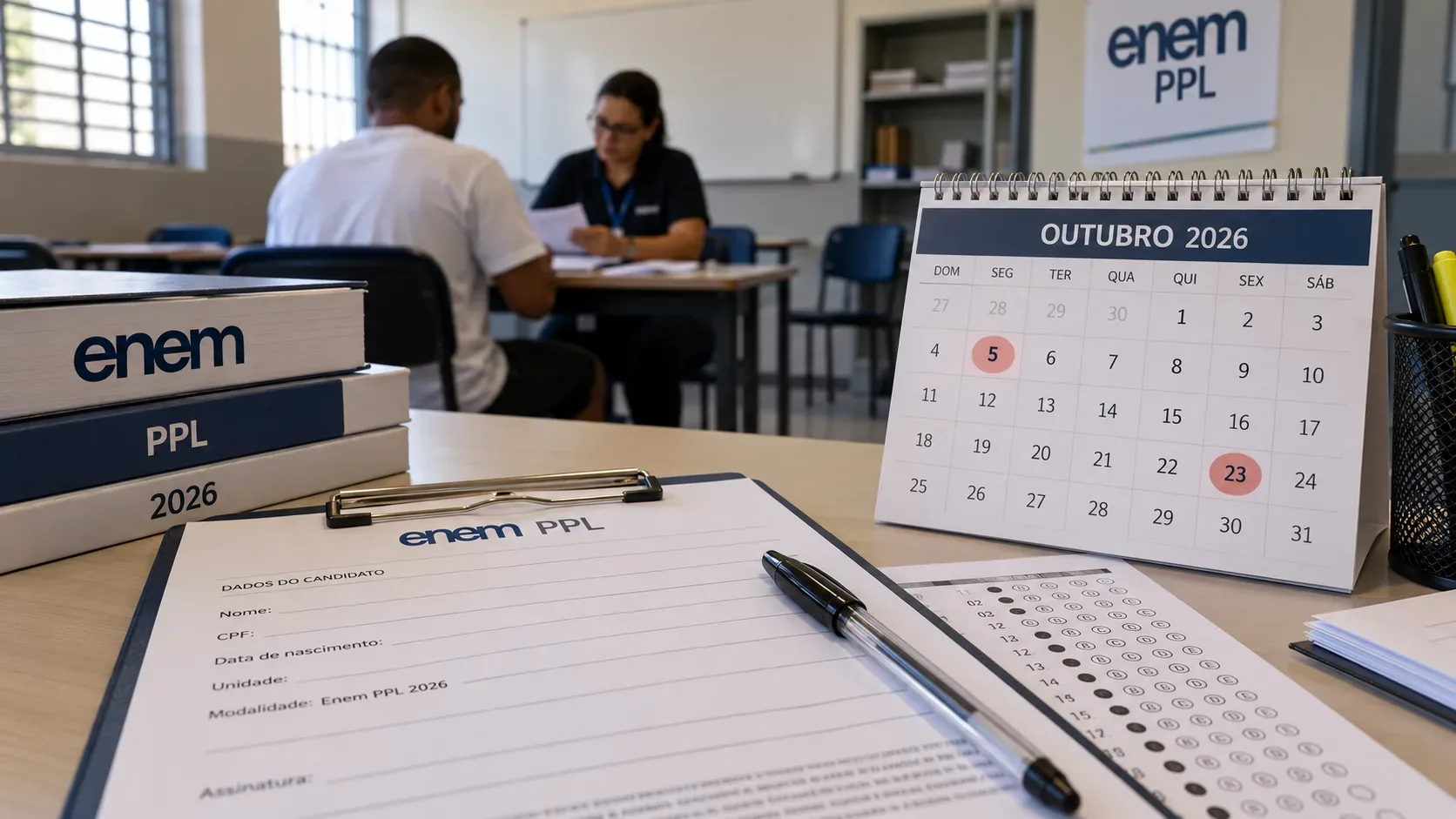 Mesa com formulário e folha de respostas do Enem PPL 2026, calendário de outubro com os dias 5 e 23 destacados e atendimento ao fundo.