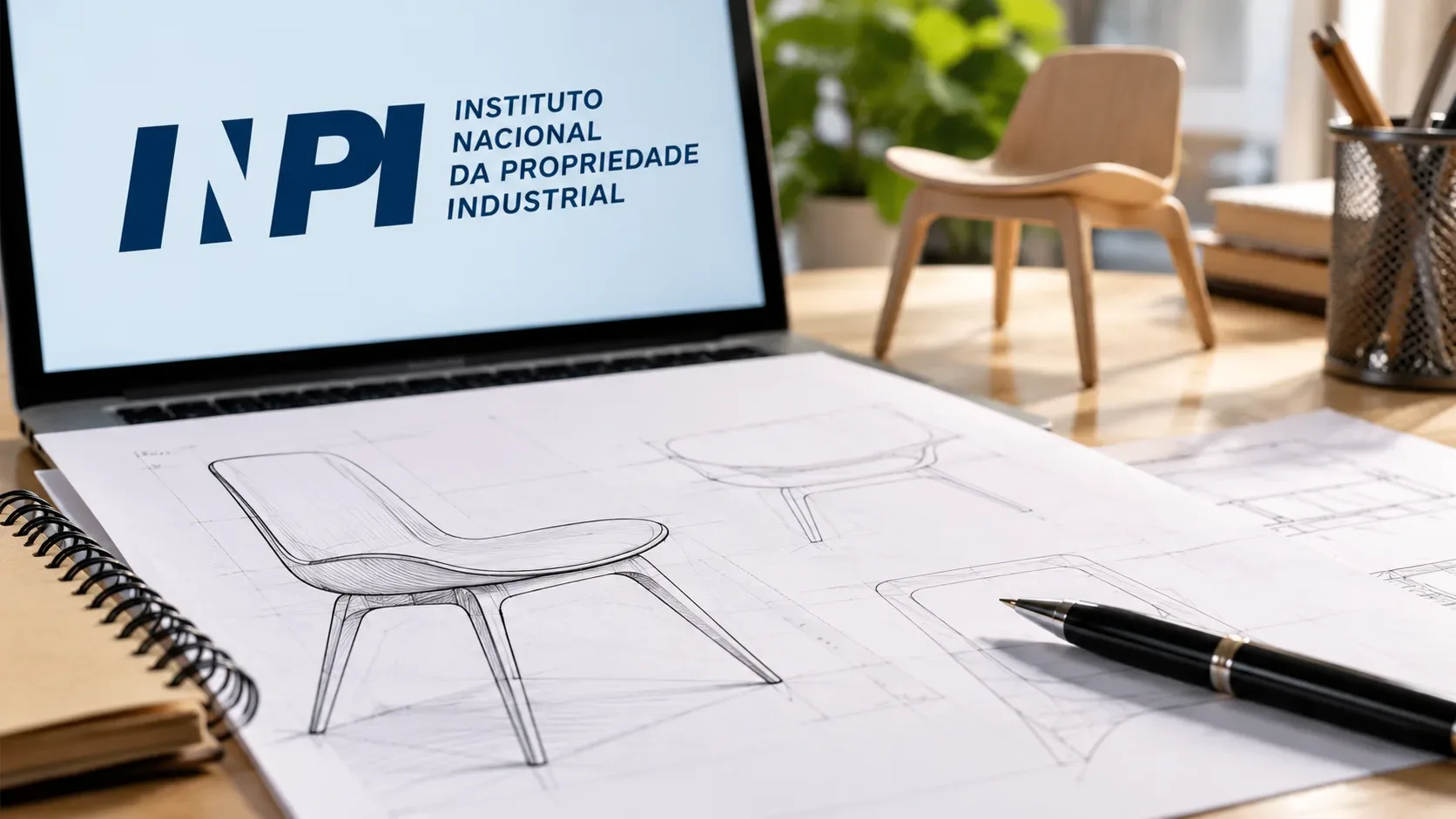 Mesa de trabalho com esboços de uma cadeira, miniatura de cadeira e notebook exibindo a marca do INPI.