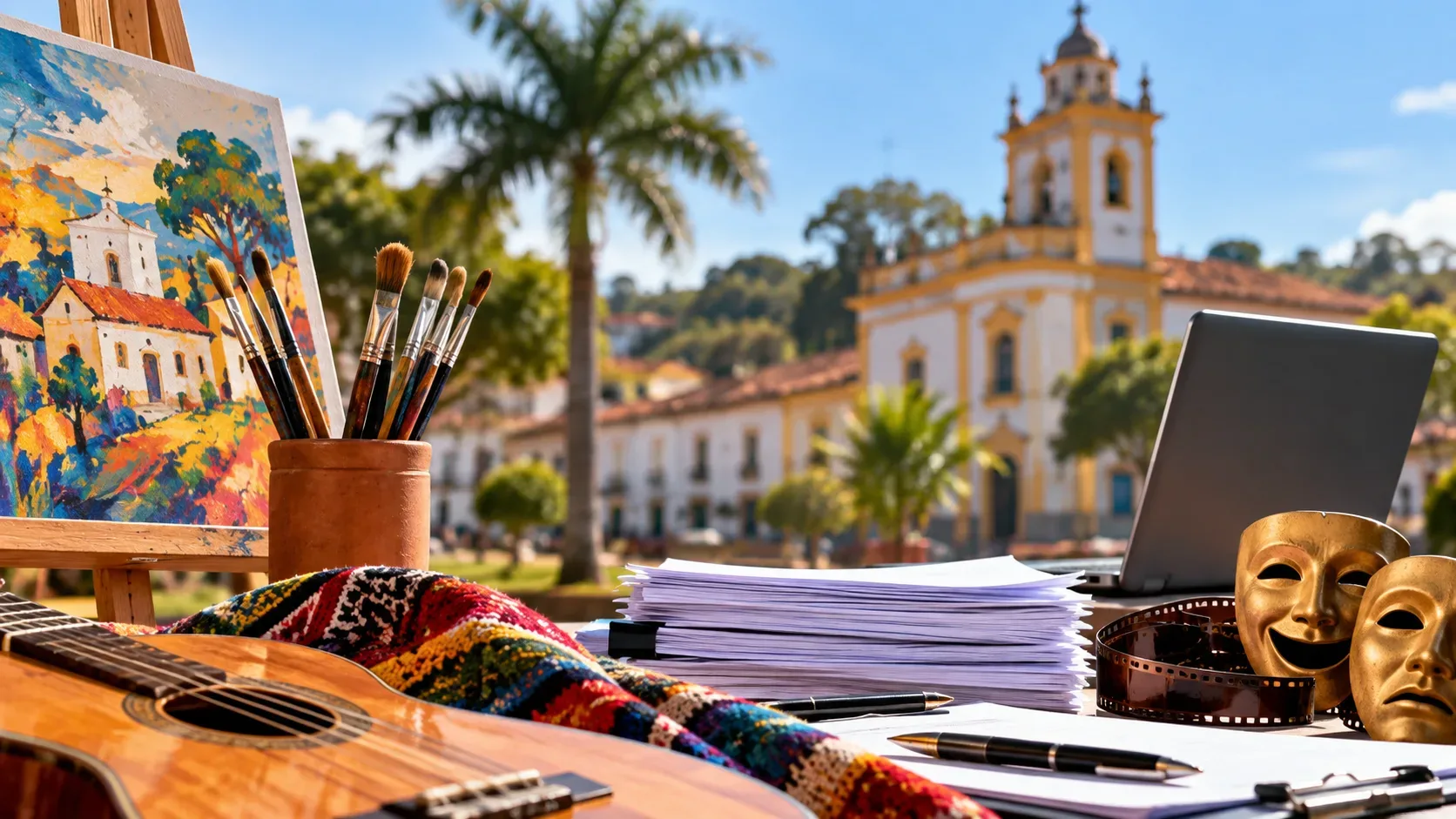 Mesa com violão, materiais de pintura, máscaras teatrais, rolo de filme, documentos e notebook diante de uma praça ensolarada com igreja ao fundo.