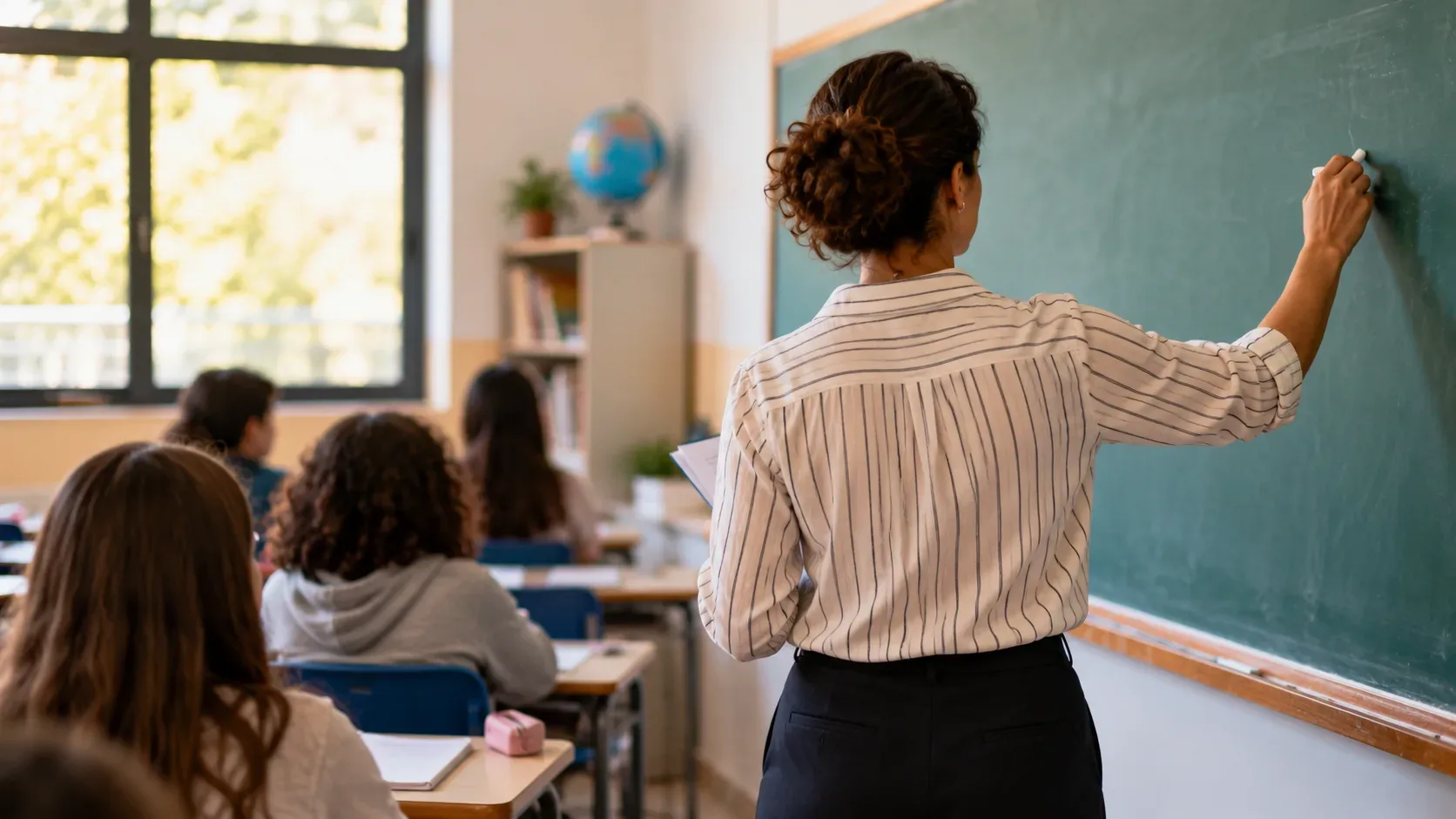 Professora escreve em quadro verde diante de alunos sentados em uma sala de aula iluminada.