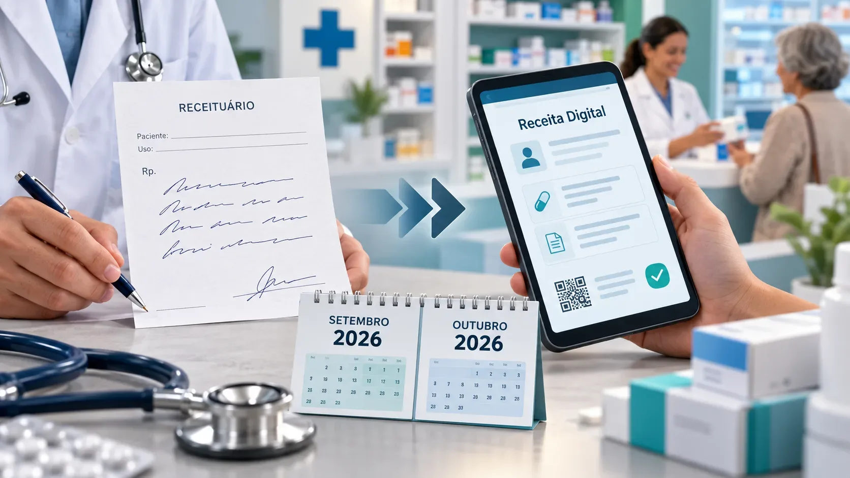 Médico segura um receituário em papel ao lado de um celular com receita digital e calendário de setembro e outubro de 2026, em ambiente de farmácia.