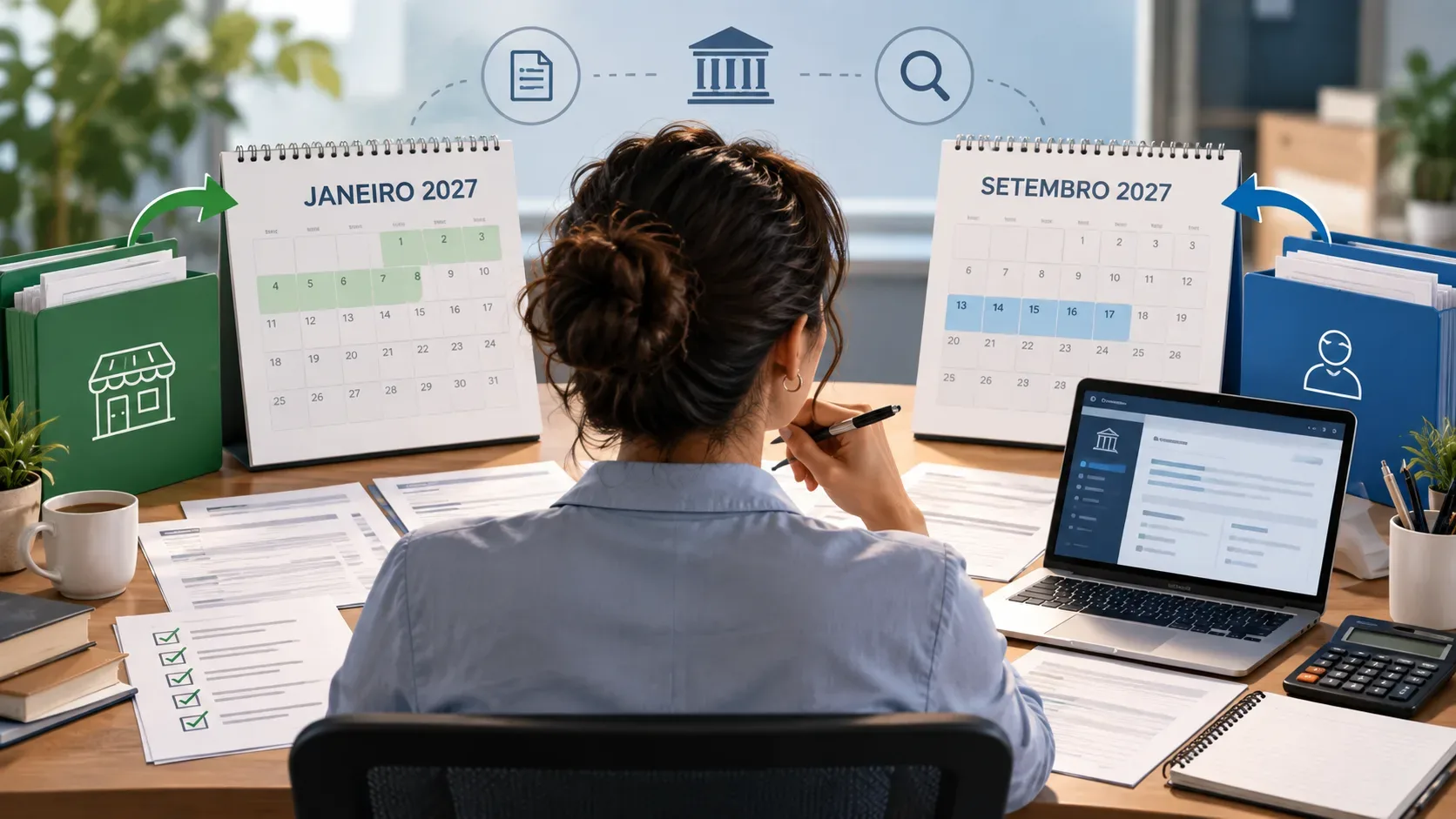 Profissional diante de dois calendários de 2027, janeiro e setembro, com documentos, laptop e pastas sobre uma mesa.