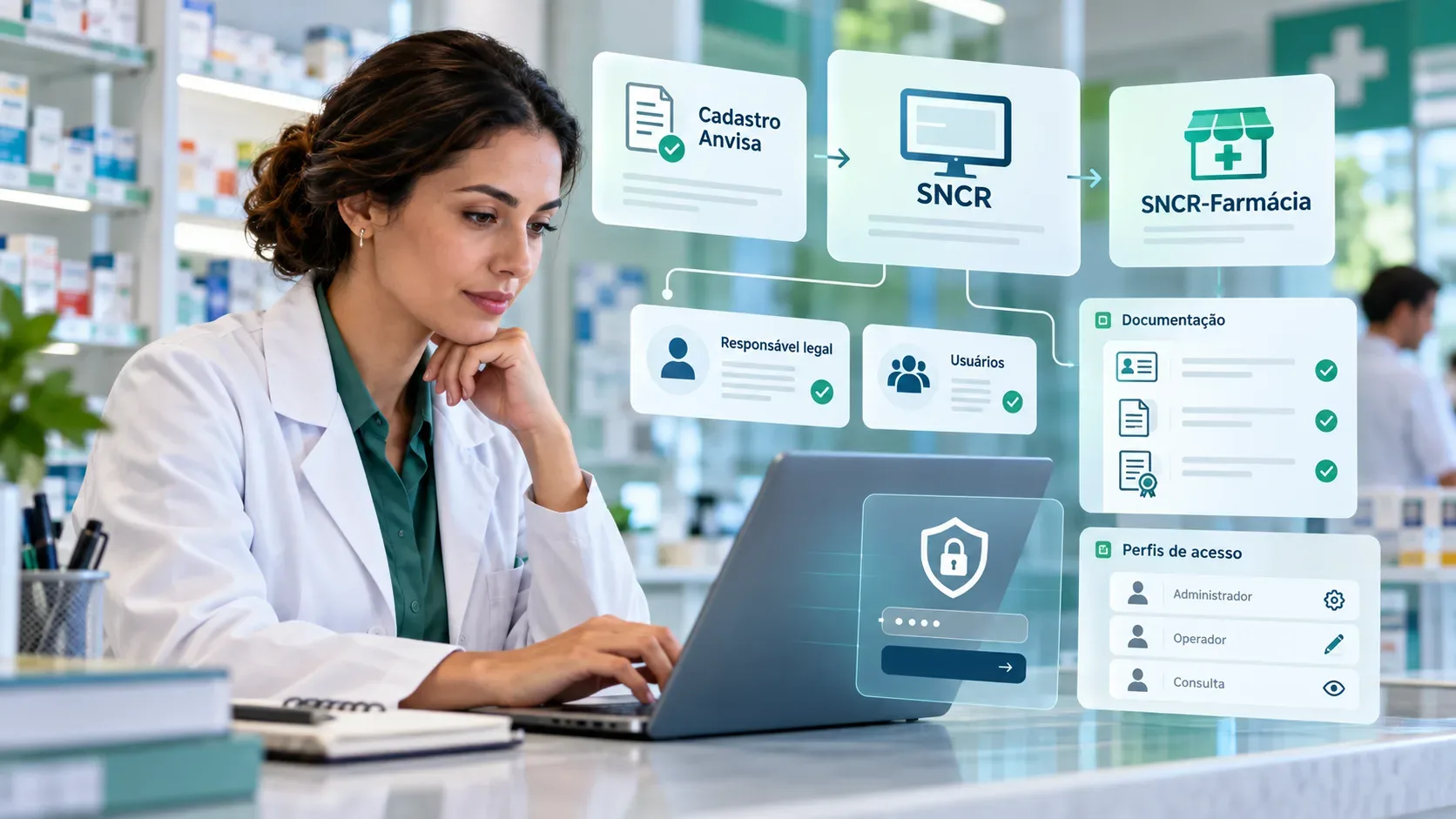 Farmacêutica usando notebook em uma farmácia, com painéis digitais de Cadastro Anvisa, SNCR e SNCR-Farmácia, documentação e perfis de acesso.