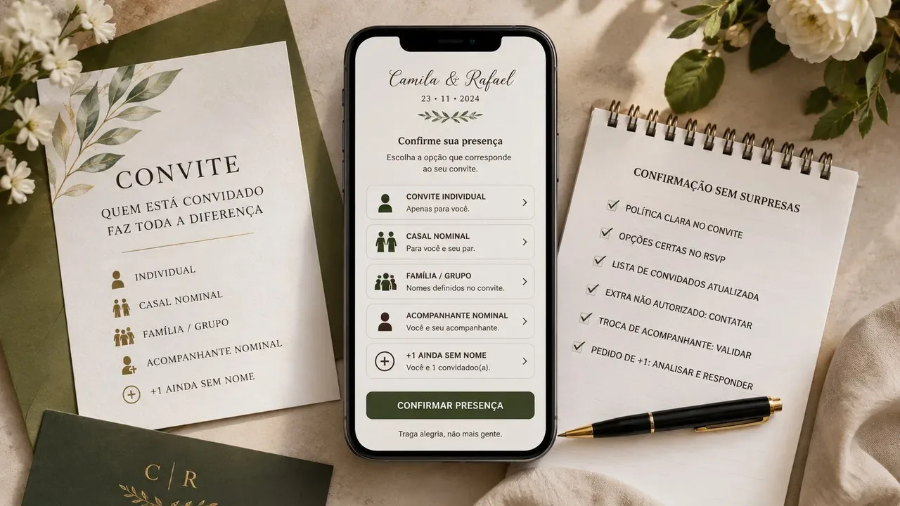 Smartphone com tela de RSVP ao lado de convite floral e caderno com orientações sobre tipos de convidados e acompanhantes.