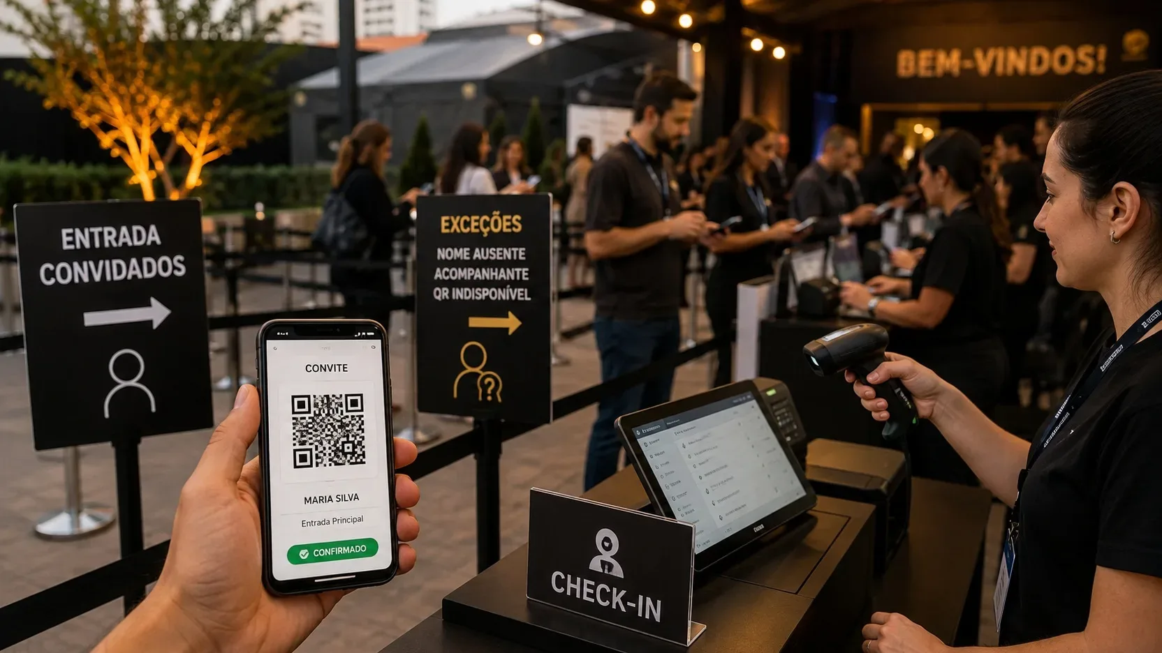 Recepção de evento com equipe fazendo check-in por QR Code, filas sinalizadas para entrada de convidados e exceções, e celular com convite digital em primeiro plano.