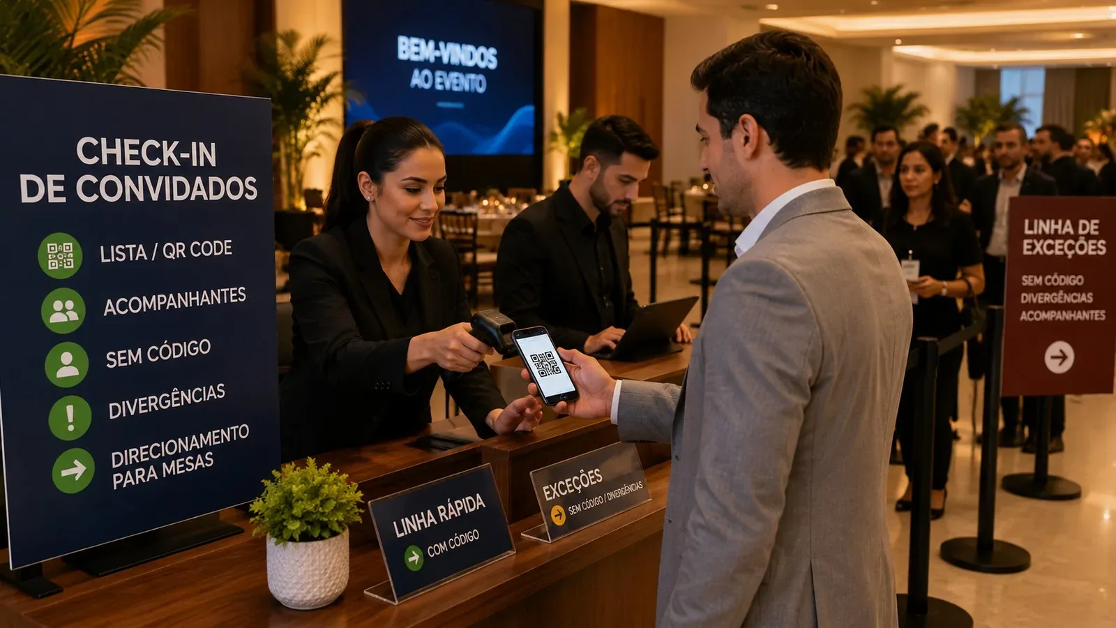 Recepcionista escaneia o QR Code no celular de um convidado em balcão de check-in, com sinalização para linha rápida e atendimento de exceções.