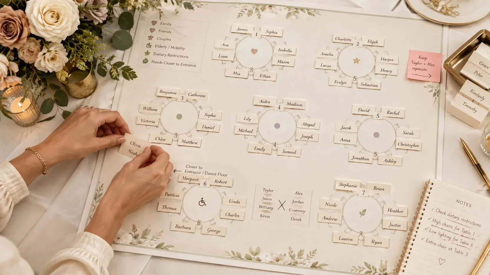 Mãos organizando cartões com nomes em um mapa de mesas de casamento, com mesas numeradas, grupos de convidados e marcações de acessibilidade e separação