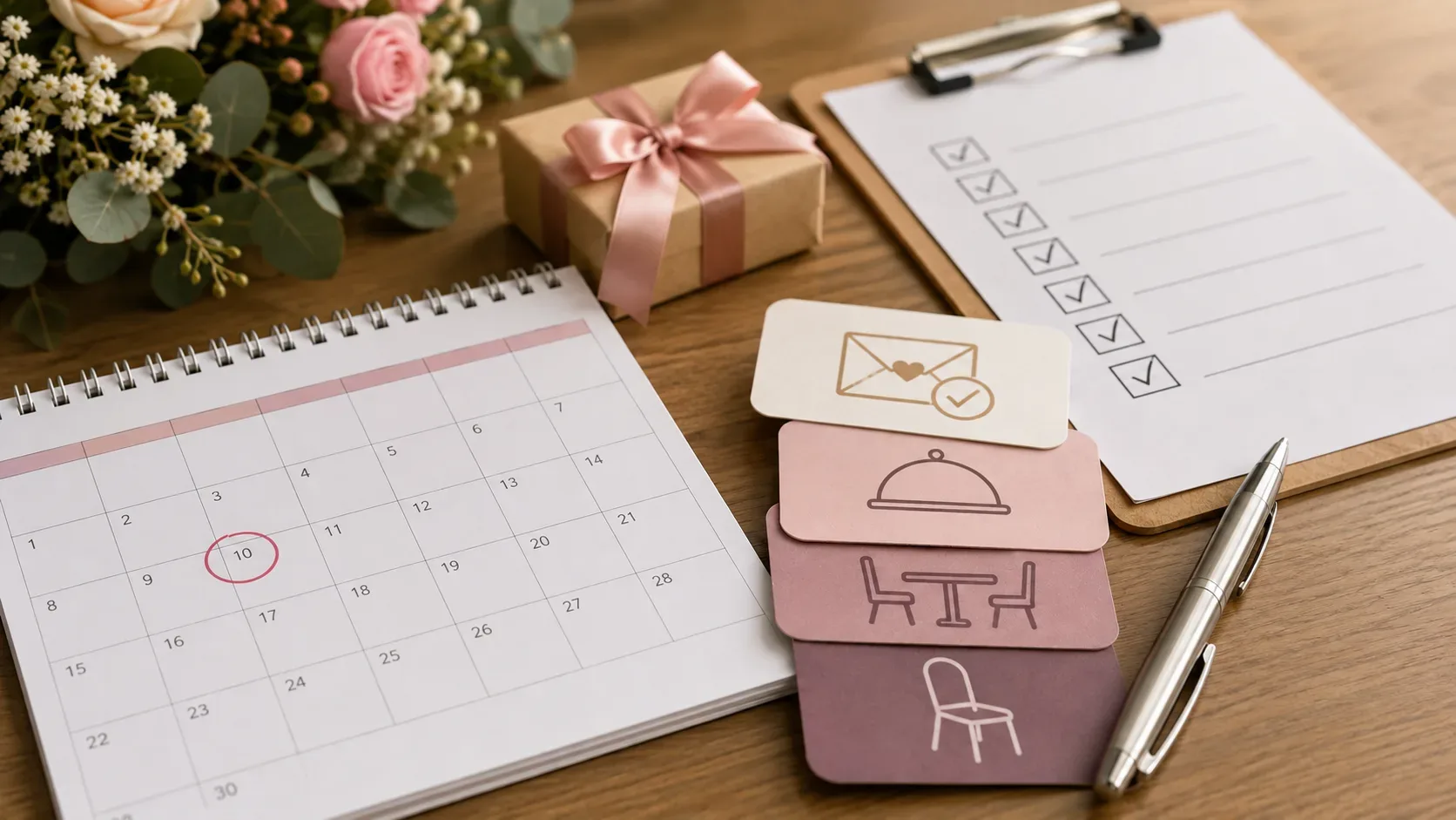 Calendário de planejamento de casamento ao lado de cartões que representam RSVP, buffet e organização das mesas do evento.