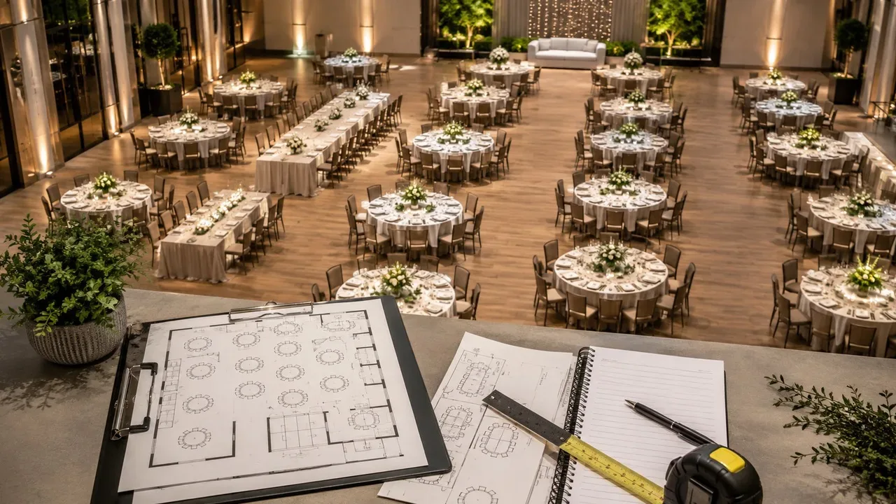 Salão de eventos com mesas redondas e retangulares organizadas, visto de cima, com planta de distribuição, régua e fita métrica em primeiro plano.