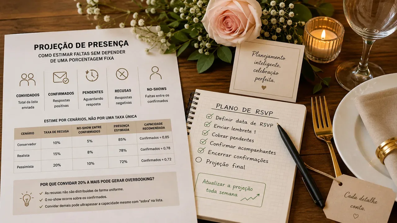 Mesa de planejamento de casamento com folha de projeção de presença, caderno de RSVP, rosa, vela, taça e lugar posto.