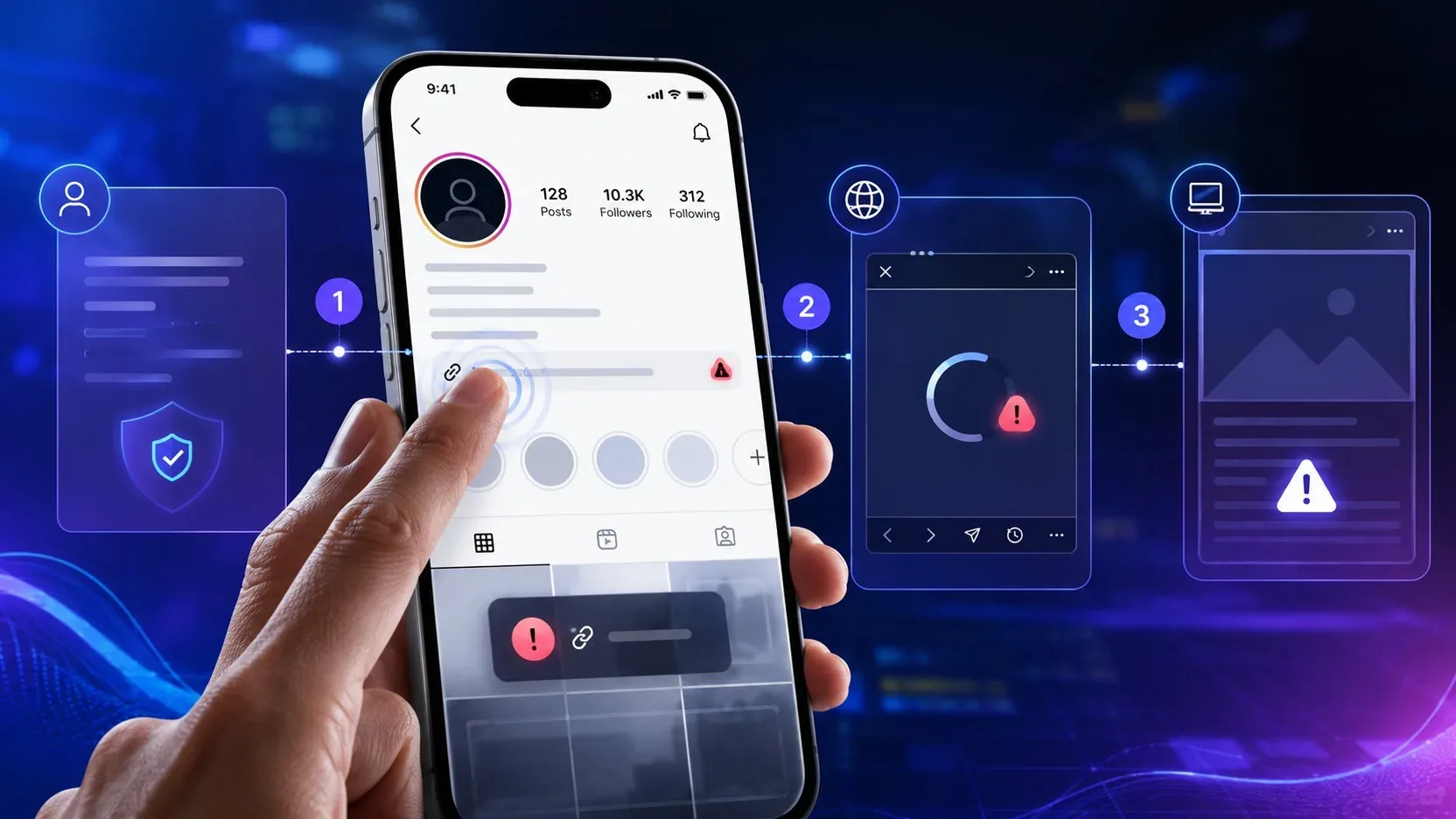 Mão toca o link de um perfil em um smartphone, com painéis de diagnóstico indicando perfil, navegador interno e página de destino e símbolos de alerta.