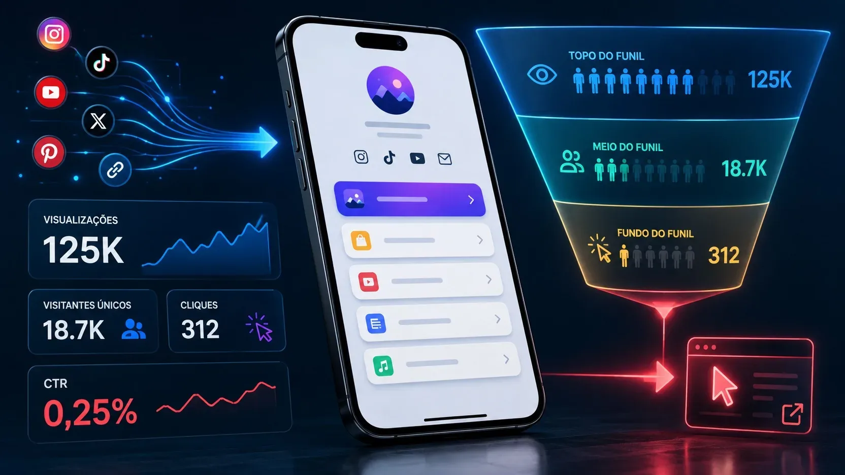 Painel de analytics com smartphone de link na bio, ícones sociais e funil mostrando 125 mil visualizações, 18,7 mil visitantes e 312 cliques.