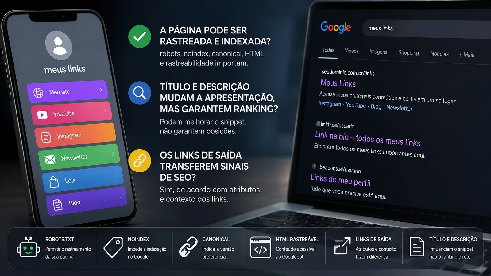 Smartphone com uma página de links ao lado de uma tela do Google, com destaques para rastreamento, noindex, canonical, HTML rastreável e links de saída.