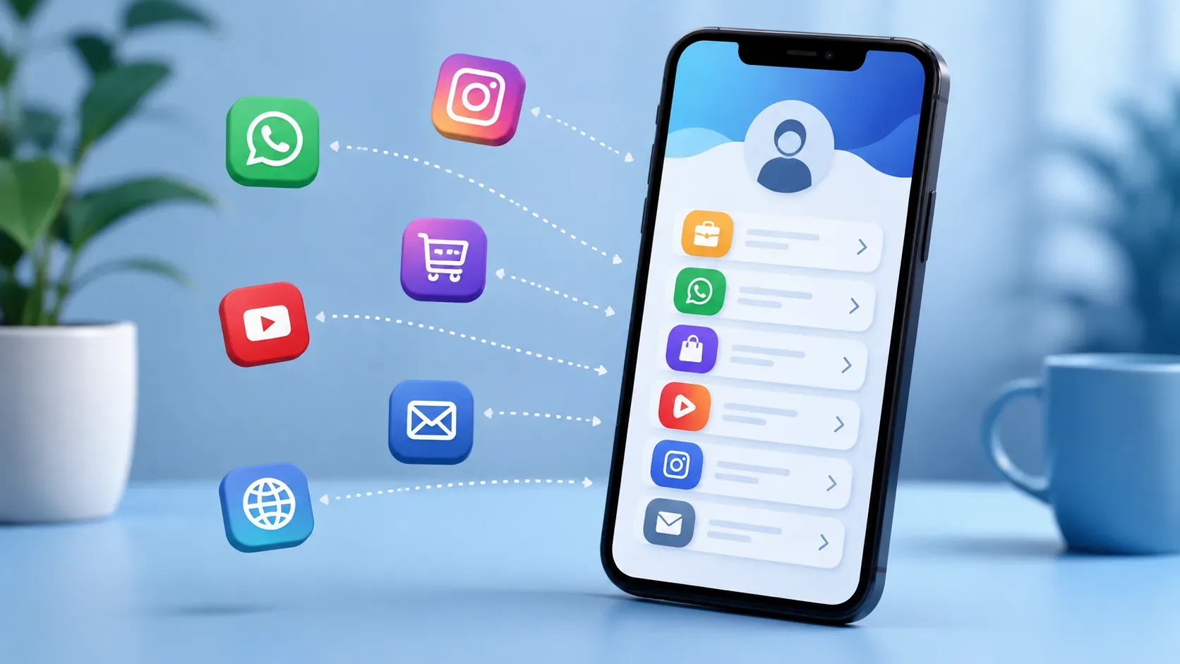 Smartphone exibindo uma página central organizada com caminhos para trabalho, contato, produtos, serviços e redes sociais.