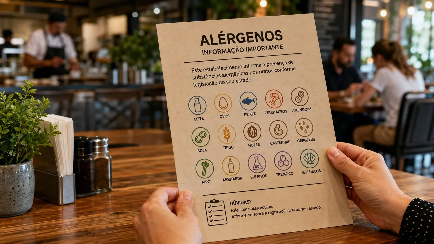 Pessoa segura um informativo ilustrativo sobre alérgenos diante de um restaurante, com ícones de ingredientes e orientação para consultar a equipe.