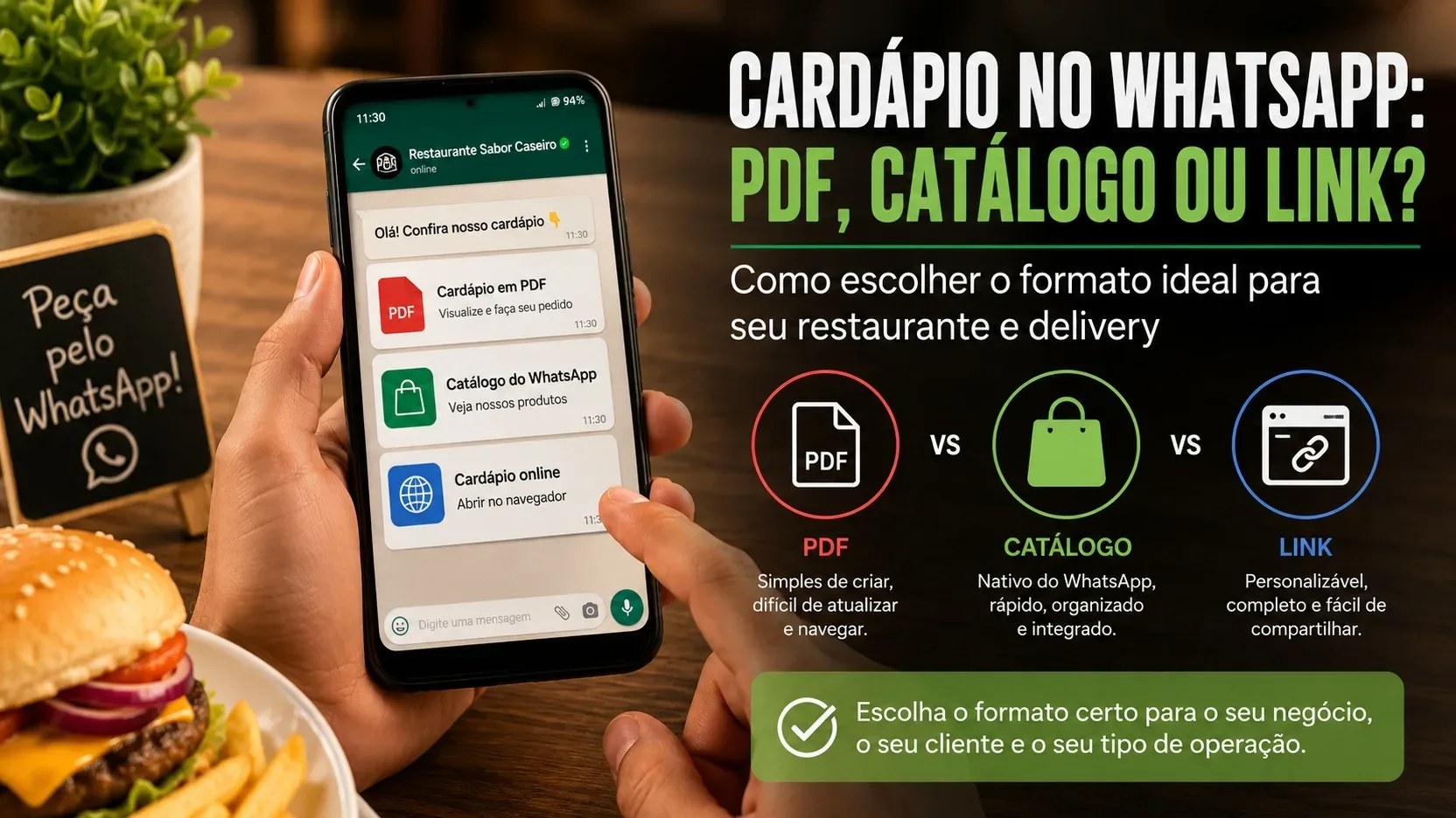 Pessoa segura celular com conversa do WhatsApp e opções de cardápio em PDF, catálogo e link ao lado de hambúrguer e comparativo visual.